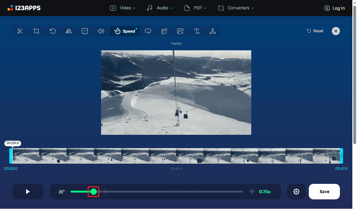 Online Video Cutter interface with the Speed icon being dragged to 0.75x to slow down the WMV file.