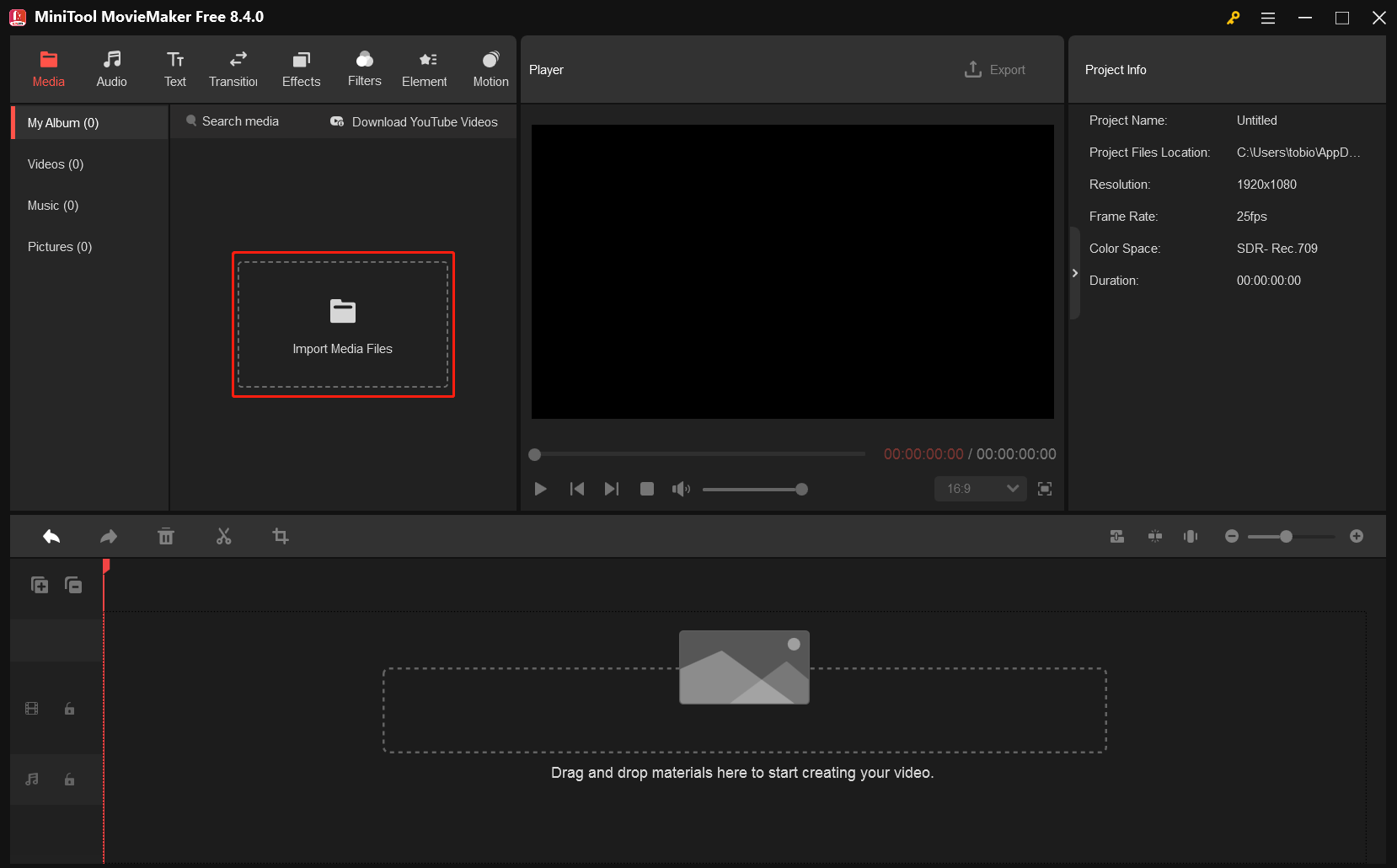MiniTool MovieMakerの編集ページで「Import Media Files」オプションをクリックして、Facebookからダウンロードした動画を追加