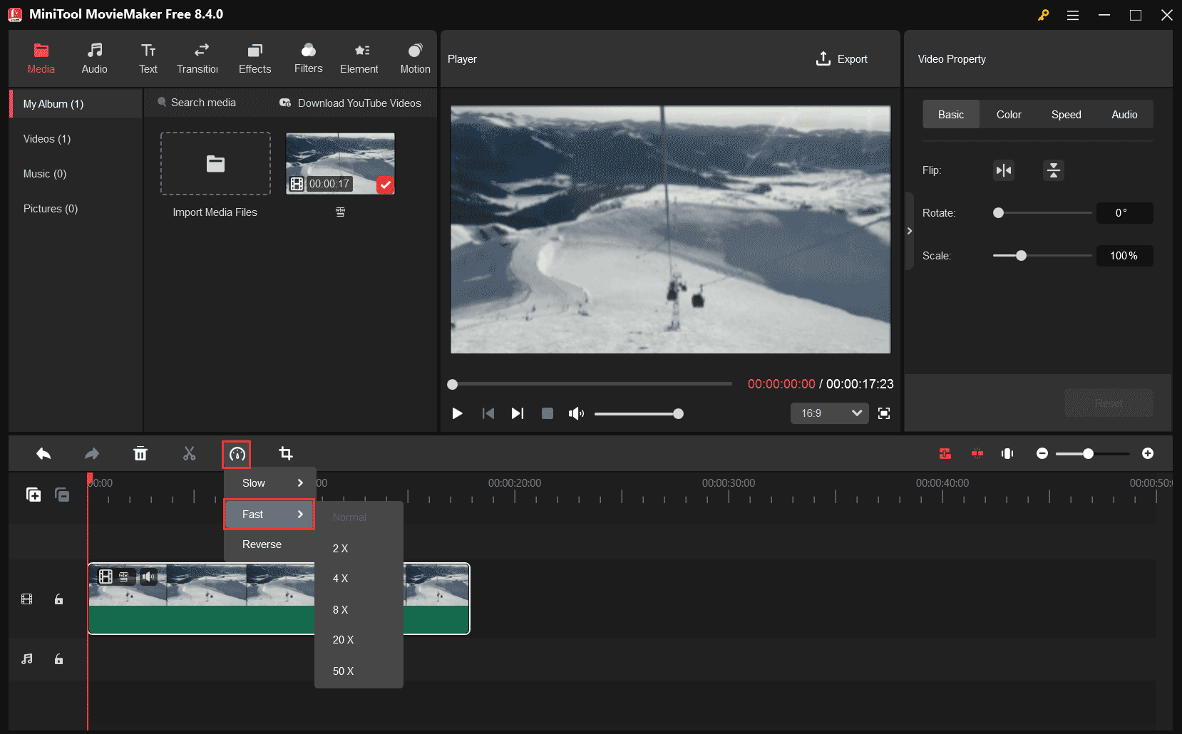 MiniTool MovieMakerタイムライン上部のツールバーにあるダッシュボードアイコンをクリックし、「Fast」を選択して再生速度を選択