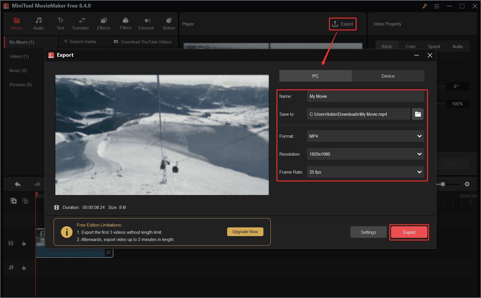 MiniTool MovieMakerで「Export」アイコンをクリックし、エクスポートウィンドウで形式、解像度などを選択した後、「Export」ボタンをクリックして動画を保存