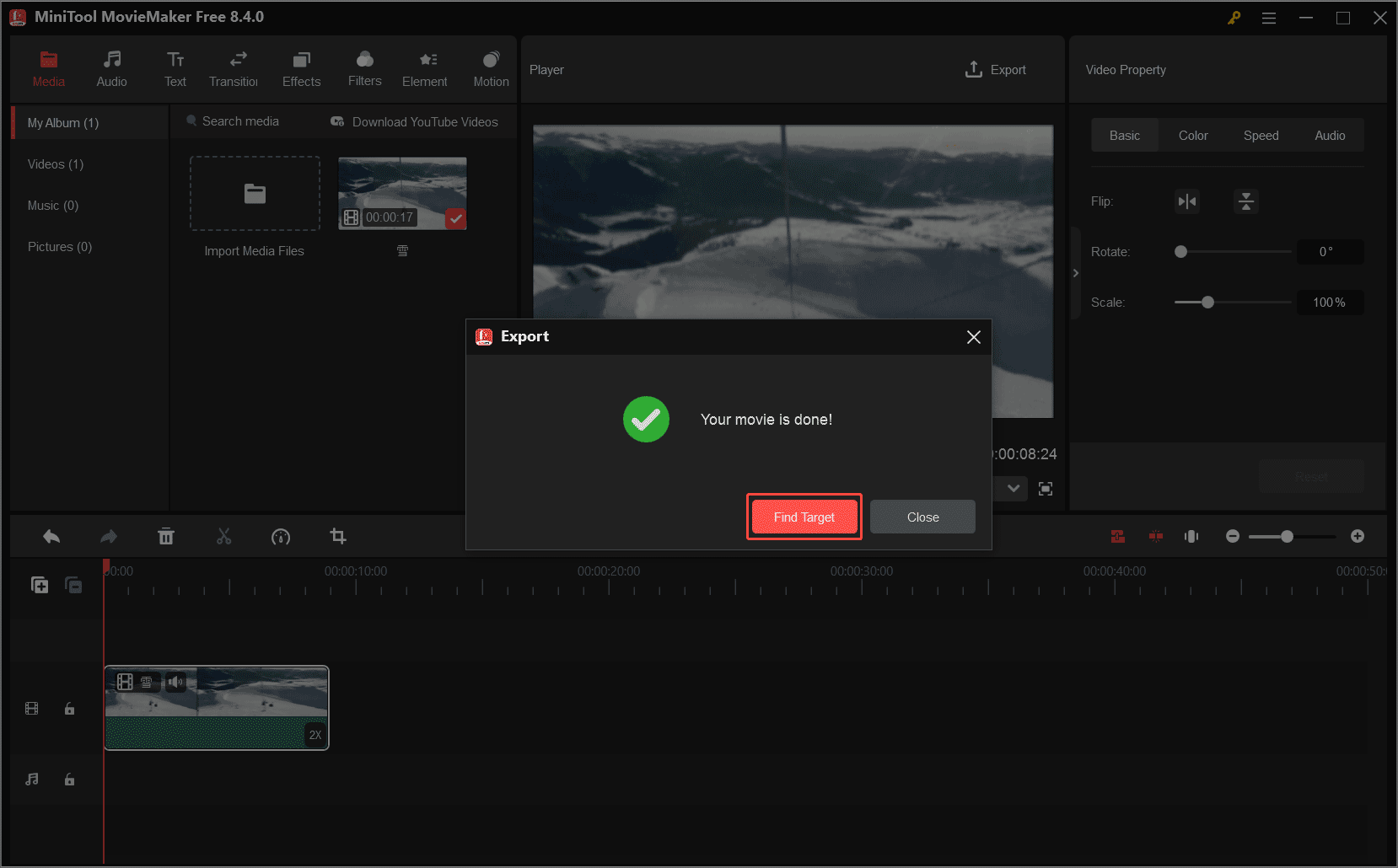 MiniTool MovieMakerで「Find Target」ボタンをクリックして、保存した動画の場所を確認