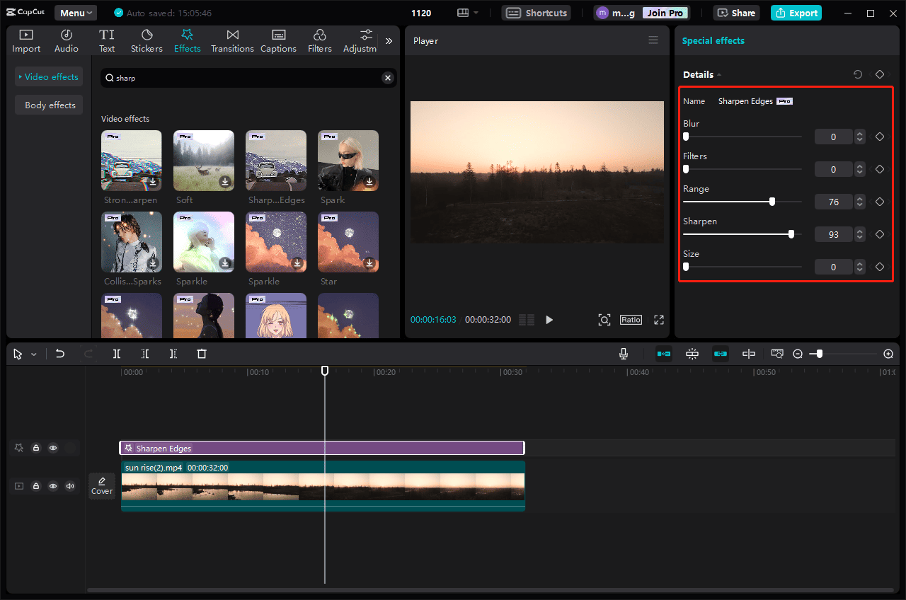 The special effects adjustment panel in the upper right corner of the CapCut interface.