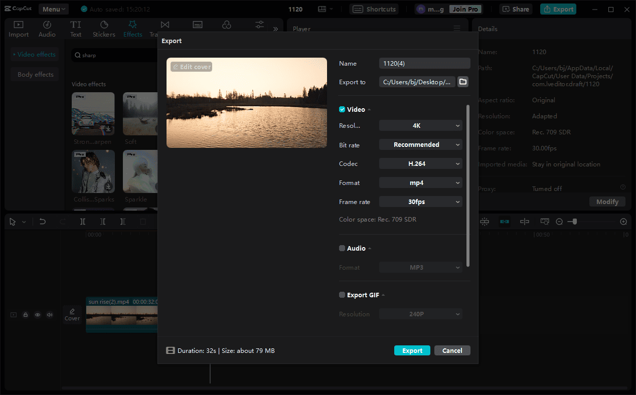 The enabled Export window on the CapCut interface.