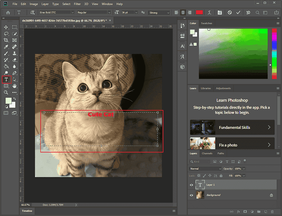 Create a text box and input your text in Photoshop