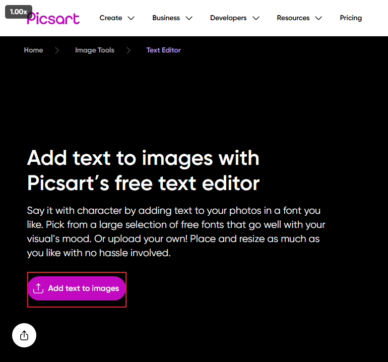 Click the Add text to images option to add your image to Picsart