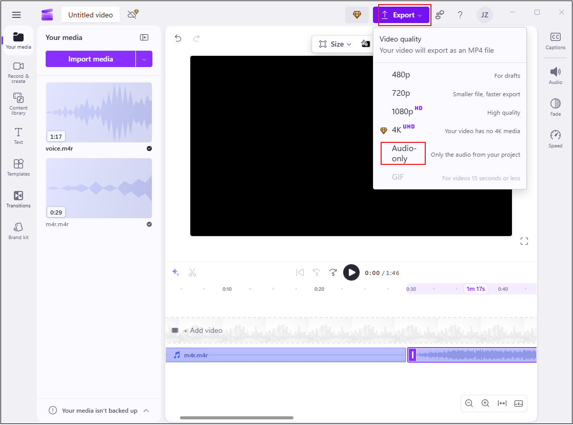Wählen Sie „Nur Audio“ in Clipchamp und klicken Sie auf „Auf Ihrem Computer speichern“.