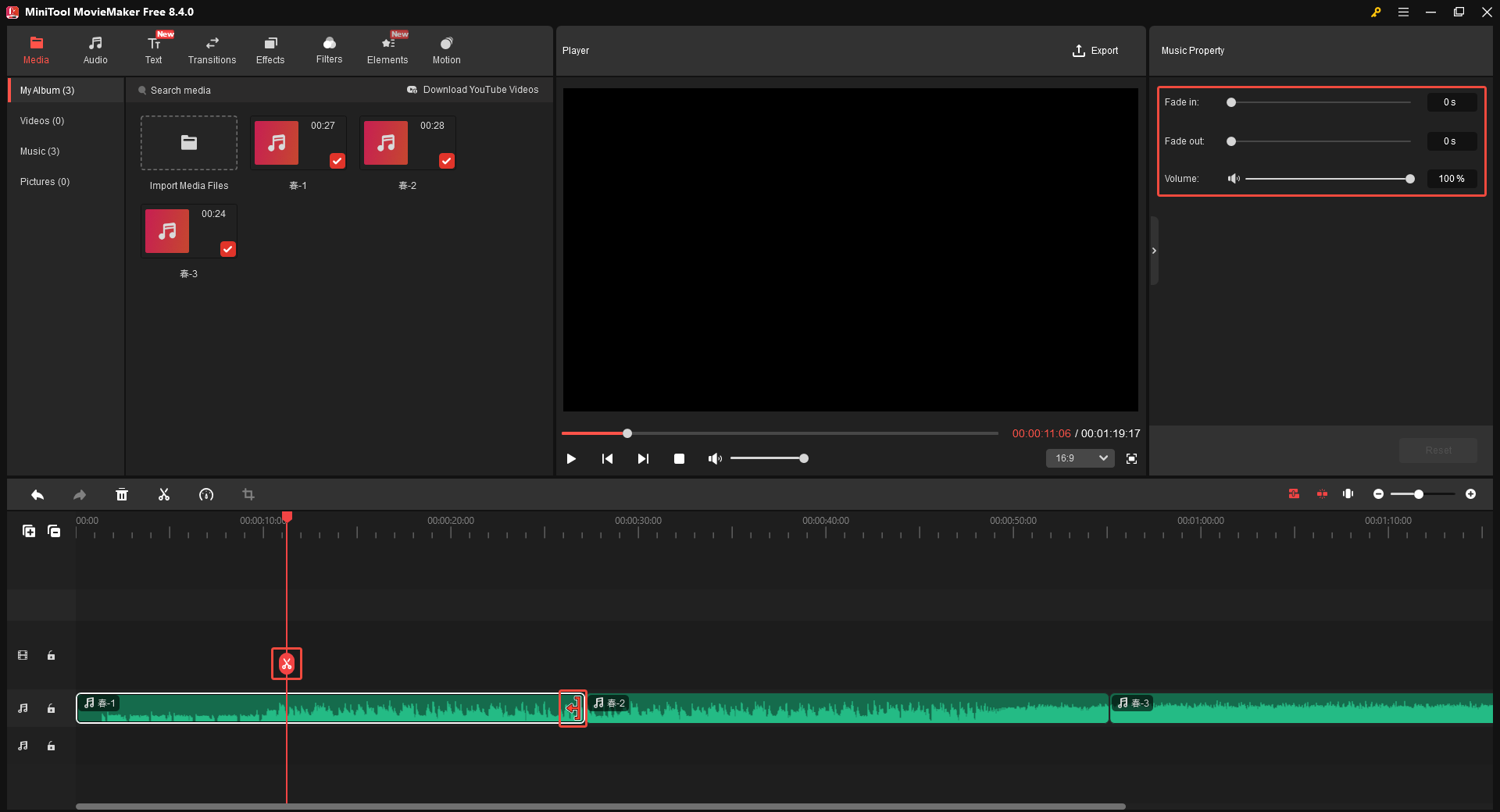 MiniTool MovieMakerで音声ファイルをタイムライン追加した後分割やトリミングなどを実行する画面