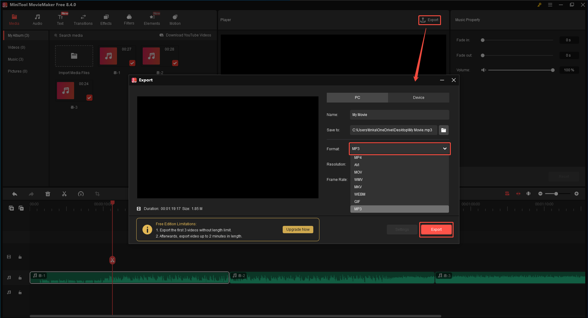MiniTool MovieMakerで結合したM4RファイルをMP3ファイルとしてエクスポートする様子