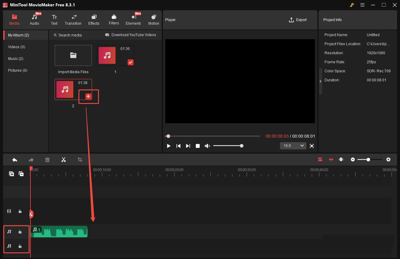 Click the Plus icon to add your audio to the audio track on the timeline in MiniTool MovieMaker