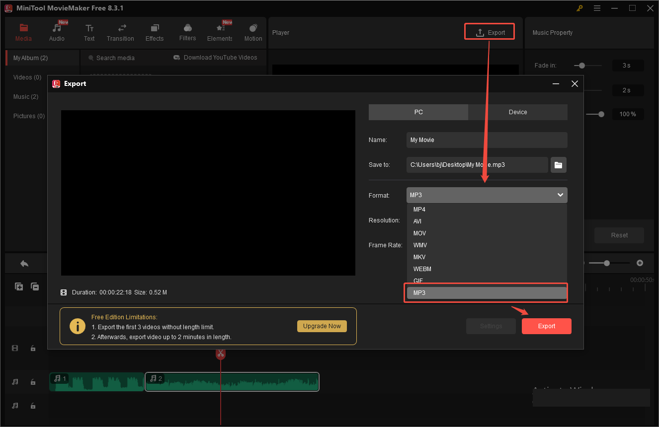 Click Export and select MP3 format in the pop-up window to save your audio to your computer