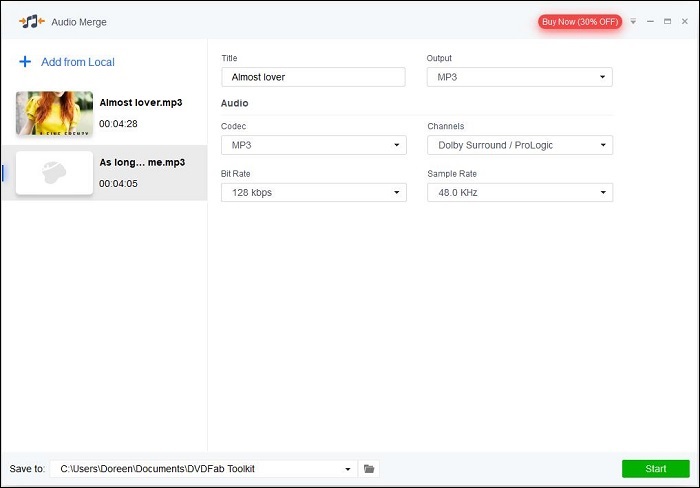 Set MP3 output format and customize audio settings in DVDFab Audio Merger.