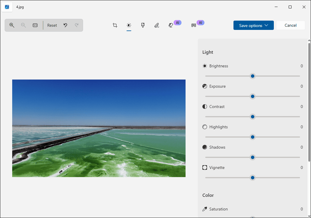 The Adjustment page of Microsoft Photos.