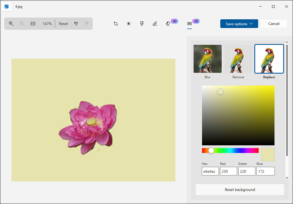 Microsoft Photos AI background editing page.