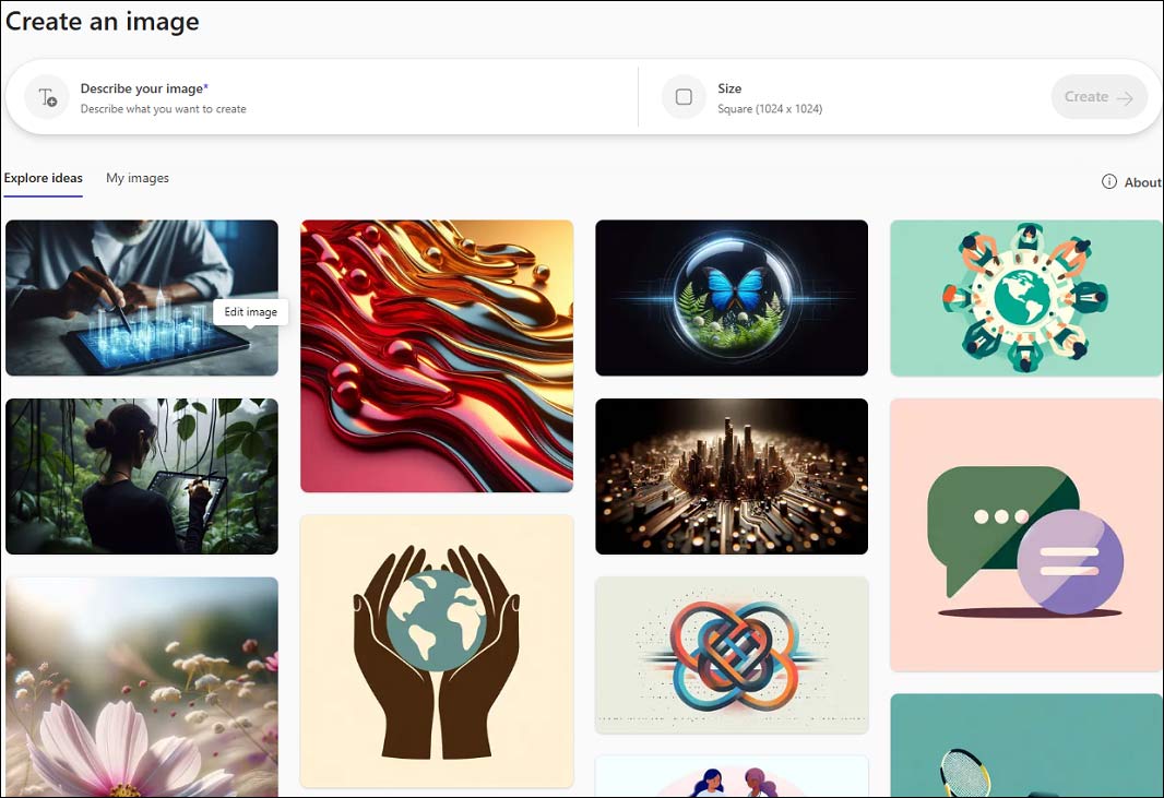 The Interface of Microsoft Designer’s AI image generator.