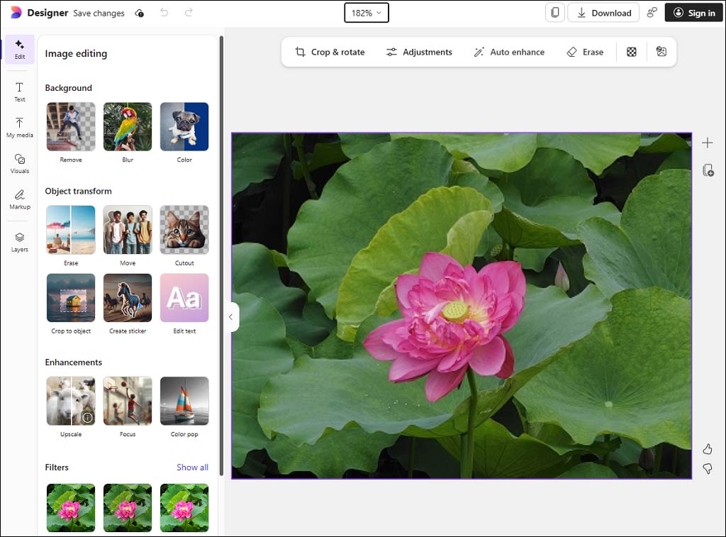 The editing page of Microsoft Designer.