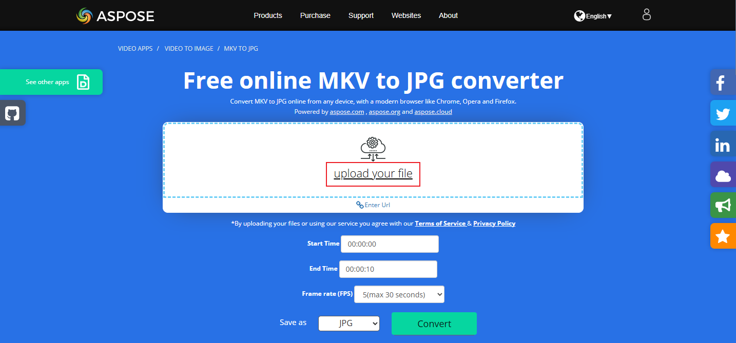 The upload your file option selected in Aspose to upload the MKV file