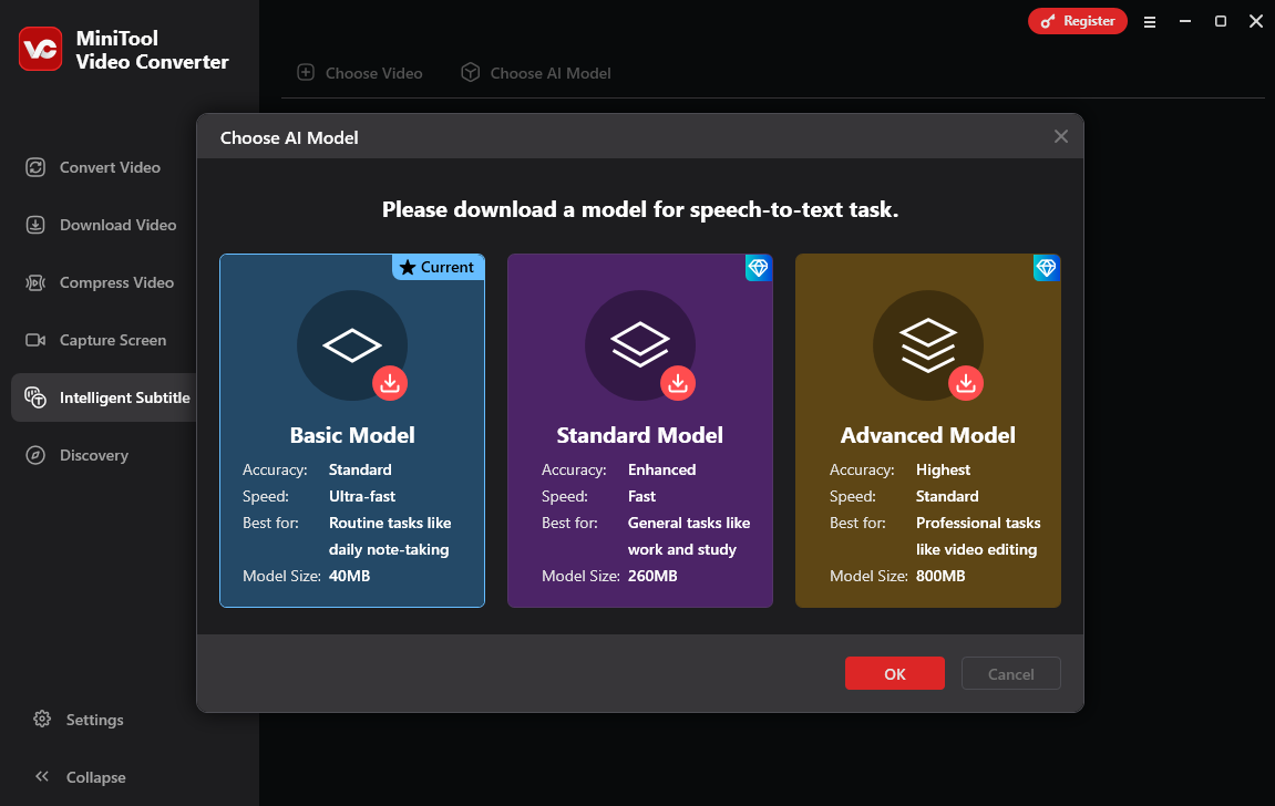 MiniTool Video Converter interface with the Choose AI Model window popped up.