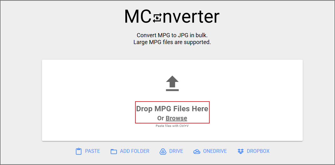 MConverter with the Drop MPG Files Here Or Browse option selected.