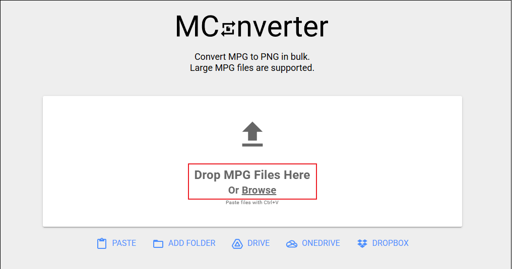 MConverter with the Drop MPG Files Here Or Browse option selected.