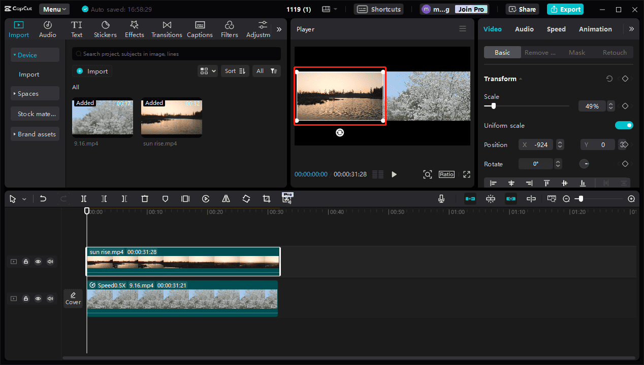 CapCut Player window with two videos side by side and one video being selected with dragging handles enabled.