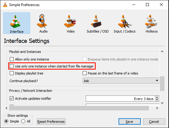 The VLC Simple Preferences window with the Use only one instance when started from File Manager option unselected.