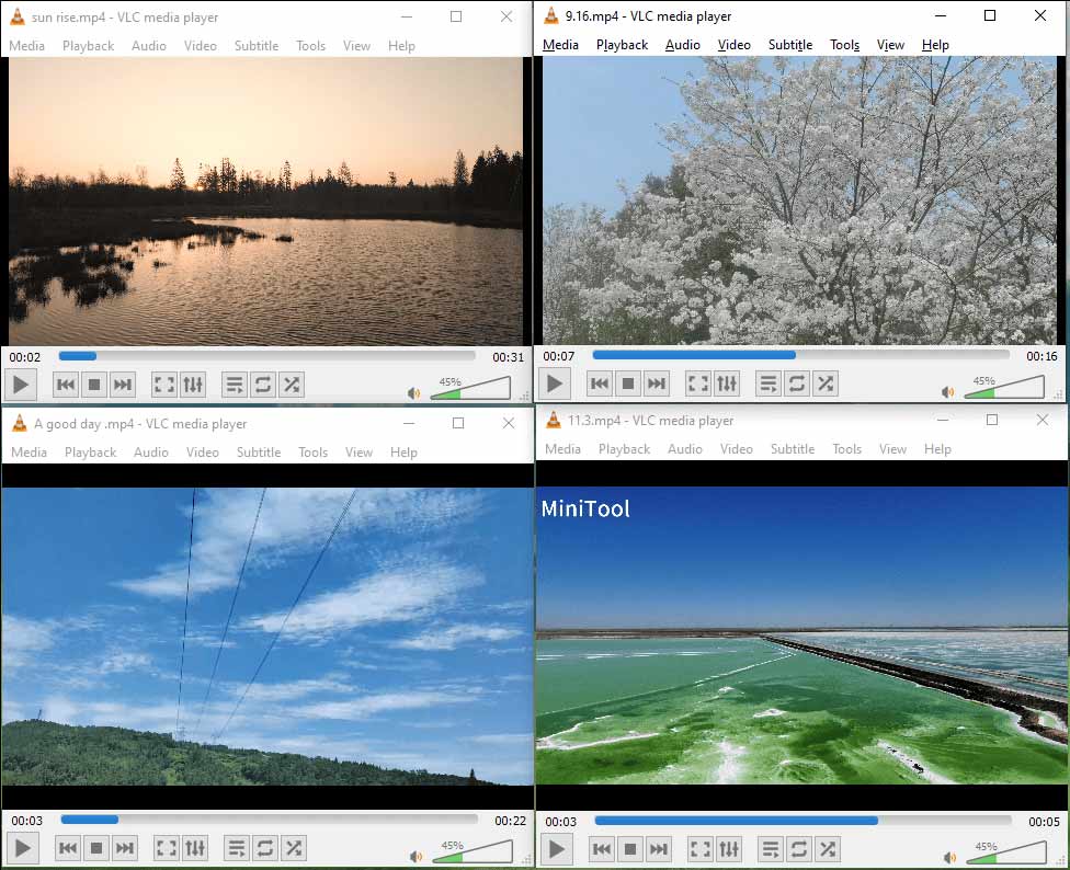 Four video player windows of VLC.