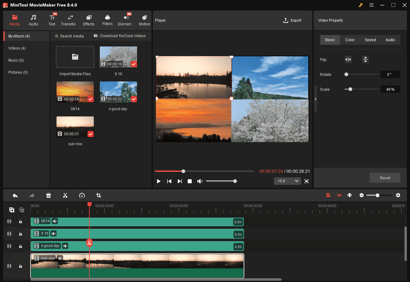 MiniTool MovieMaker player window with four videos appearing in a single frame.