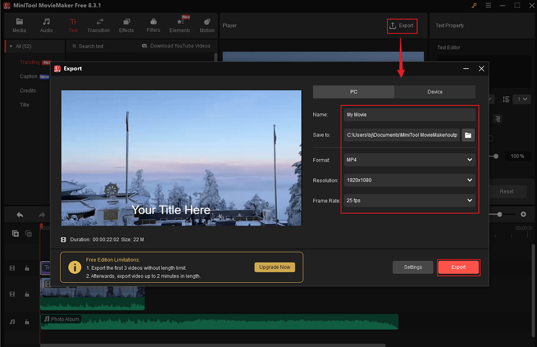 Customize the output parameters and click on the Export button in MiniTool MovieMaker’s Export window to export the Nikon video