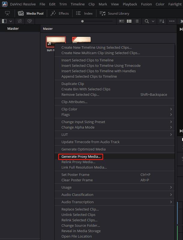 The Generate Proxy Media option being selected from the video dropdown list in DaVinci Resolve project panel.