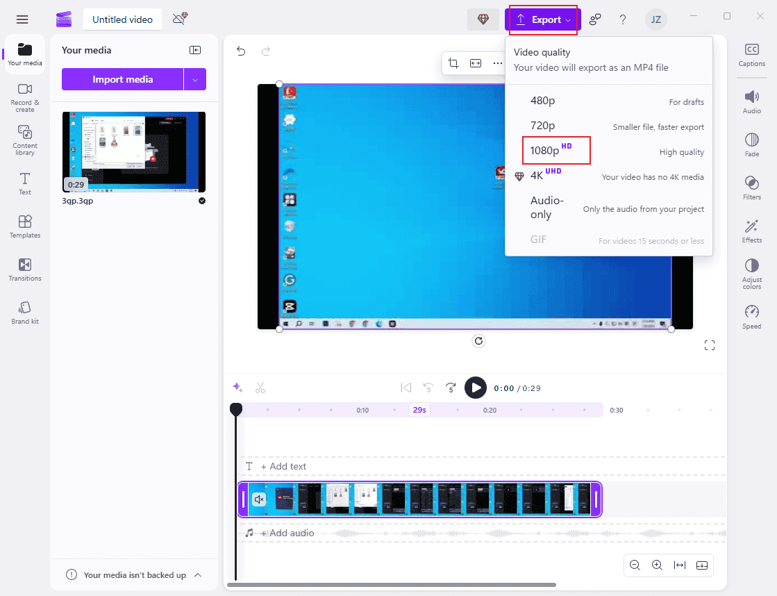 Click on the Export button at the top right and select the desired resolution in Clipchamp
