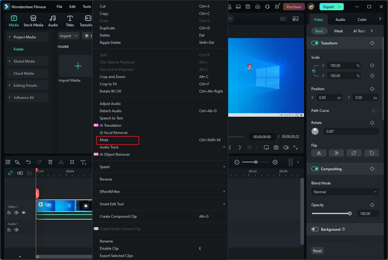 Right-click the video on the timeline and choose the Mute option in Wondershare Filmora