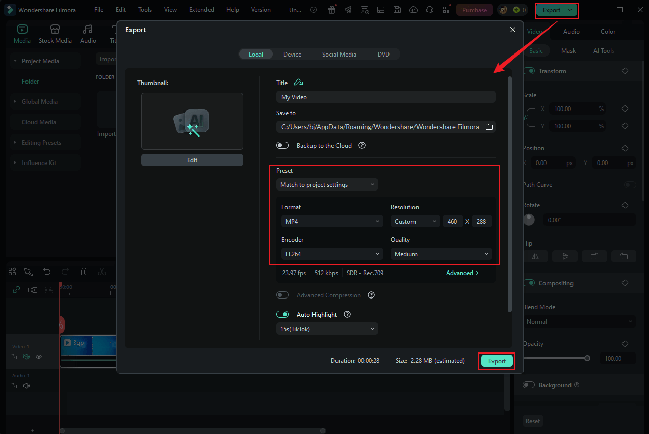 Set the output parameters and click Export in Wondershare Filmora to save the 3GP video
