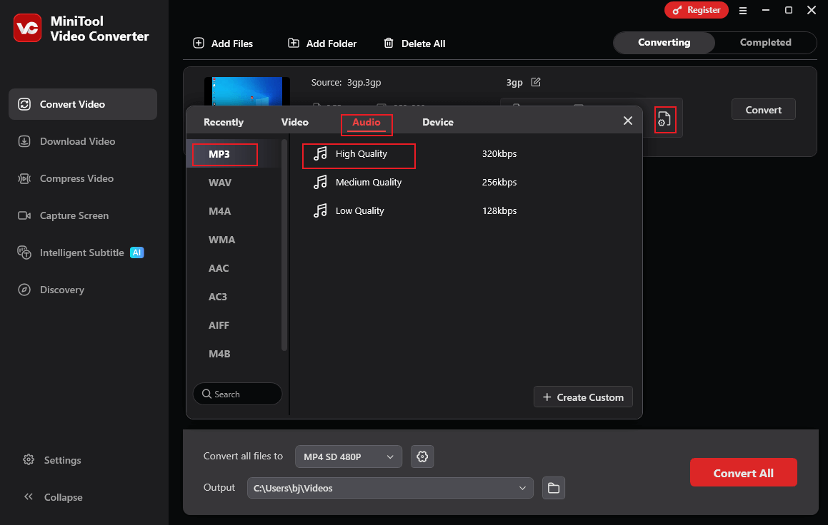 Choose MP3 with High Quality as the output format in MiniTool Video Converter