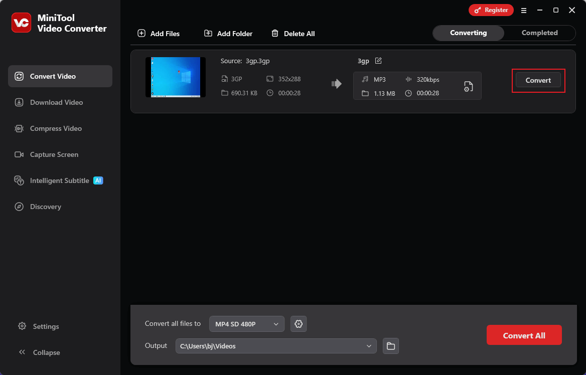 Click the Convert button to start conversion in MiniTool Video Converter