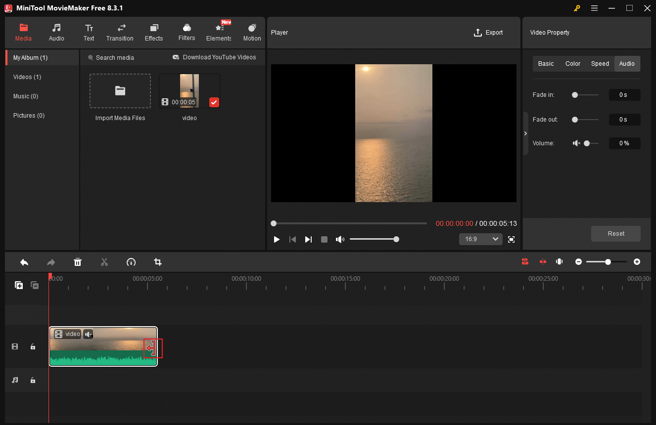 Hover the mouse cursor to the end of the video and drag the Trim icon to trim the video in MiniTool MovieMaker