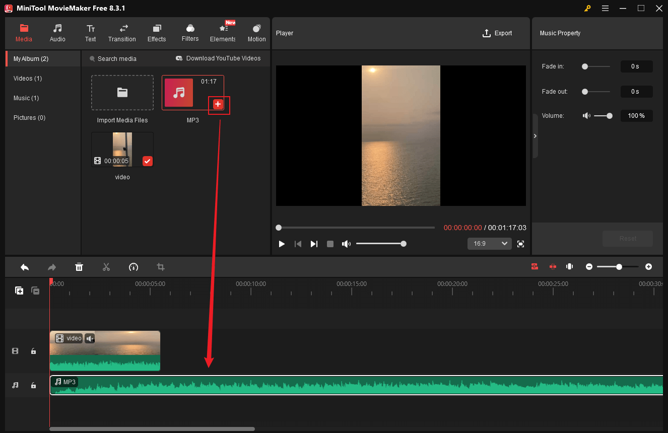 Place the mouse on the added audio and click the Plus icon to add audio to the audio track in MiniTool MovieMaker