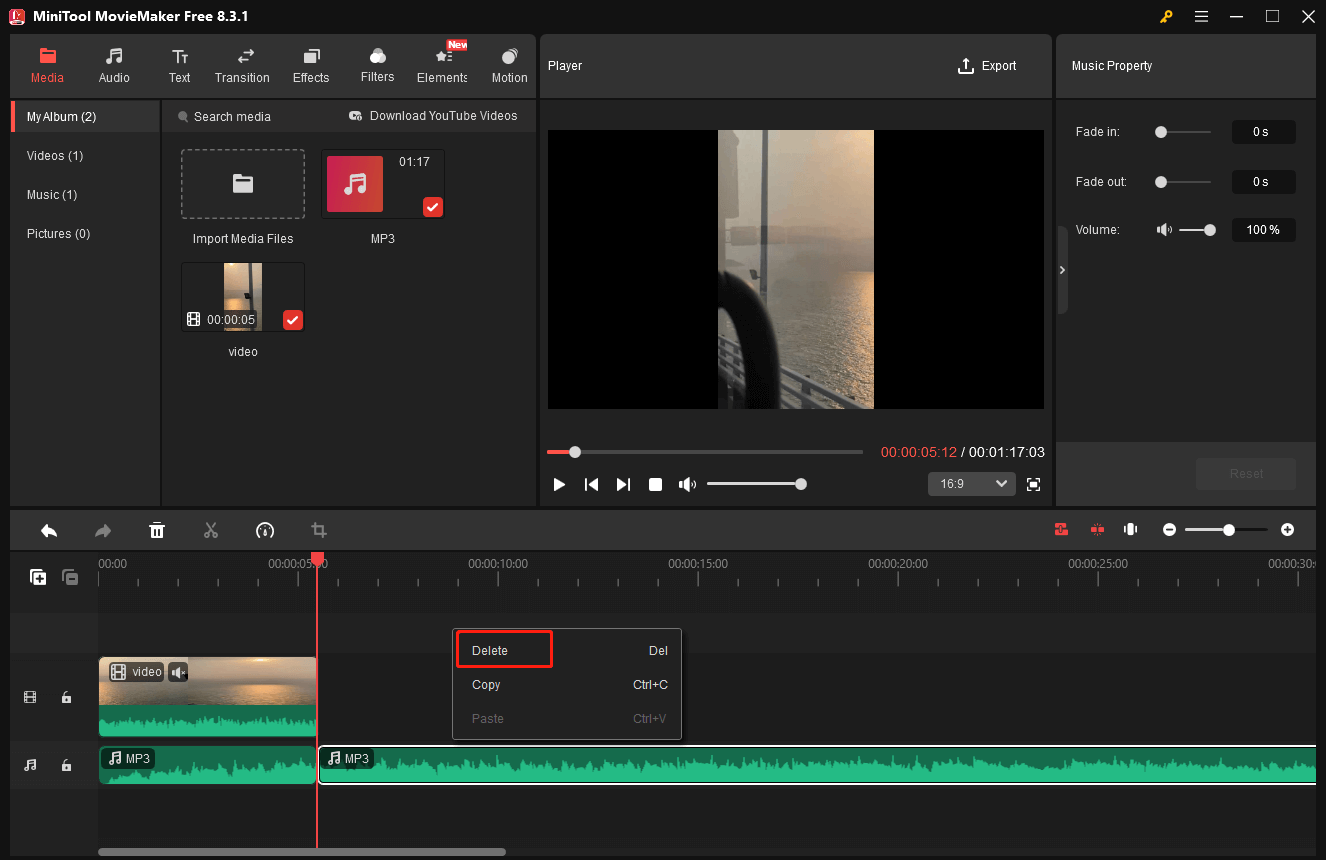 Right-click the unwanted audio part and click the Delete option to remove the spare part in MiniTool MovieMaker
