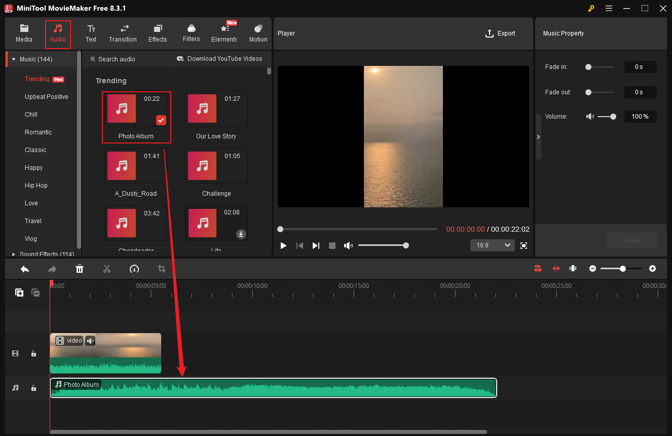 Go to the Audio section, select the audio you want, and drag it to the audio track in MiniTool MovieMaker