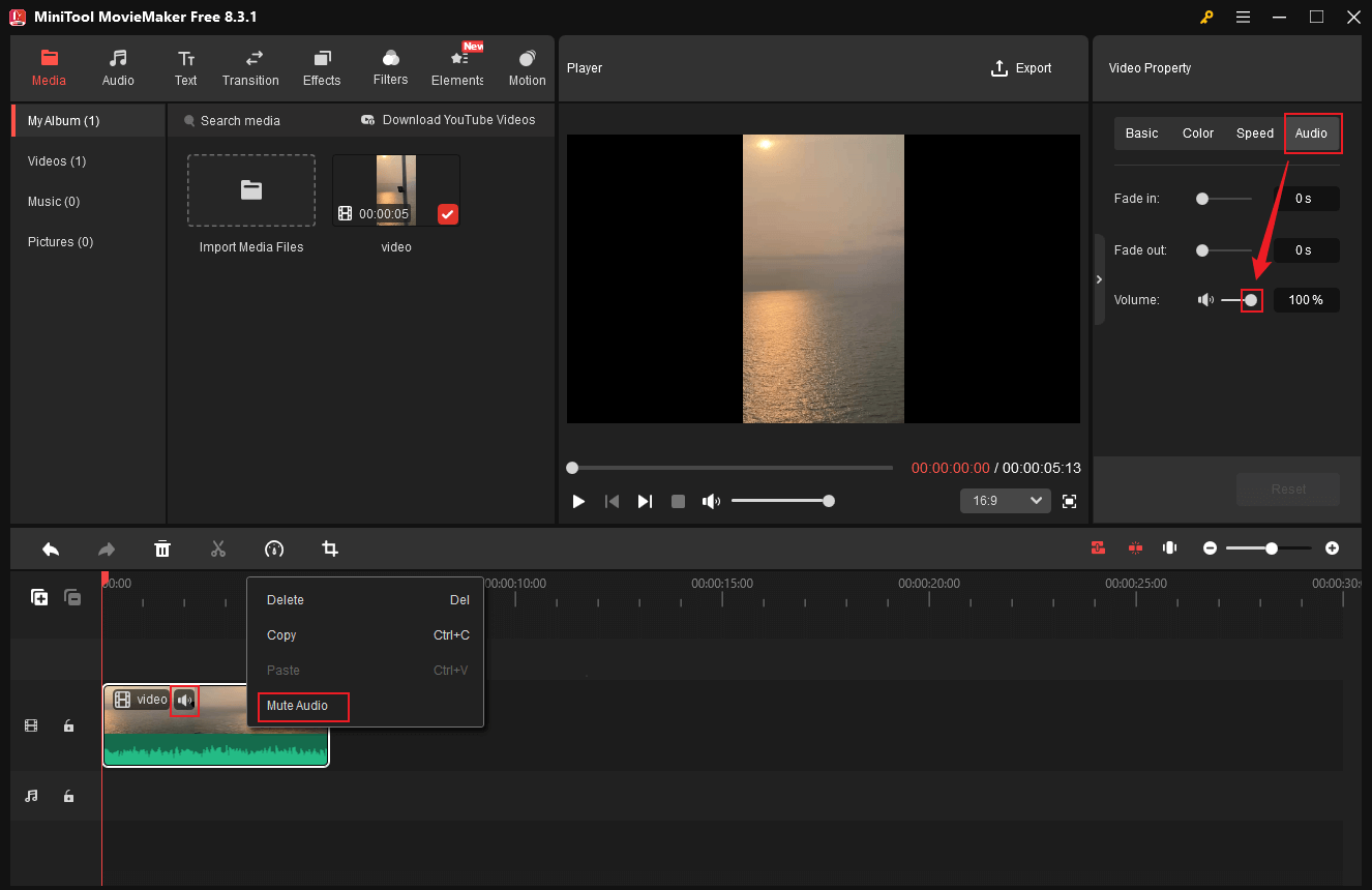 Remove the audio from the Facebook video in MiniTool MovieMaker