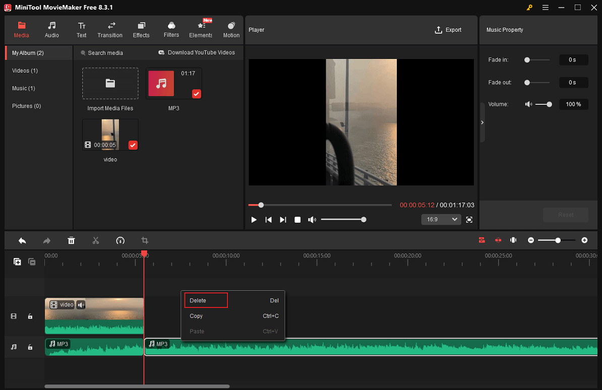 Right-click the unwanted audio part and click the Delete option to remove the spare part in MiniTool MovieMaker