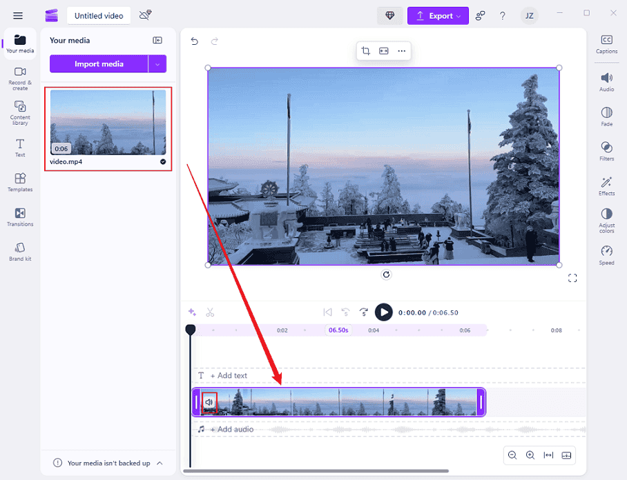 Drag the added video to the timeline and click the Speaker icon on the video to remove the audio in Clipchamp