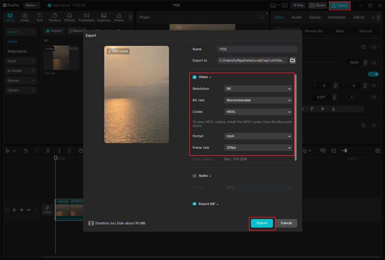Click the Export icon at the top right to open the Export window, adjust the parameters, and click the Export button in CapCut to save the video