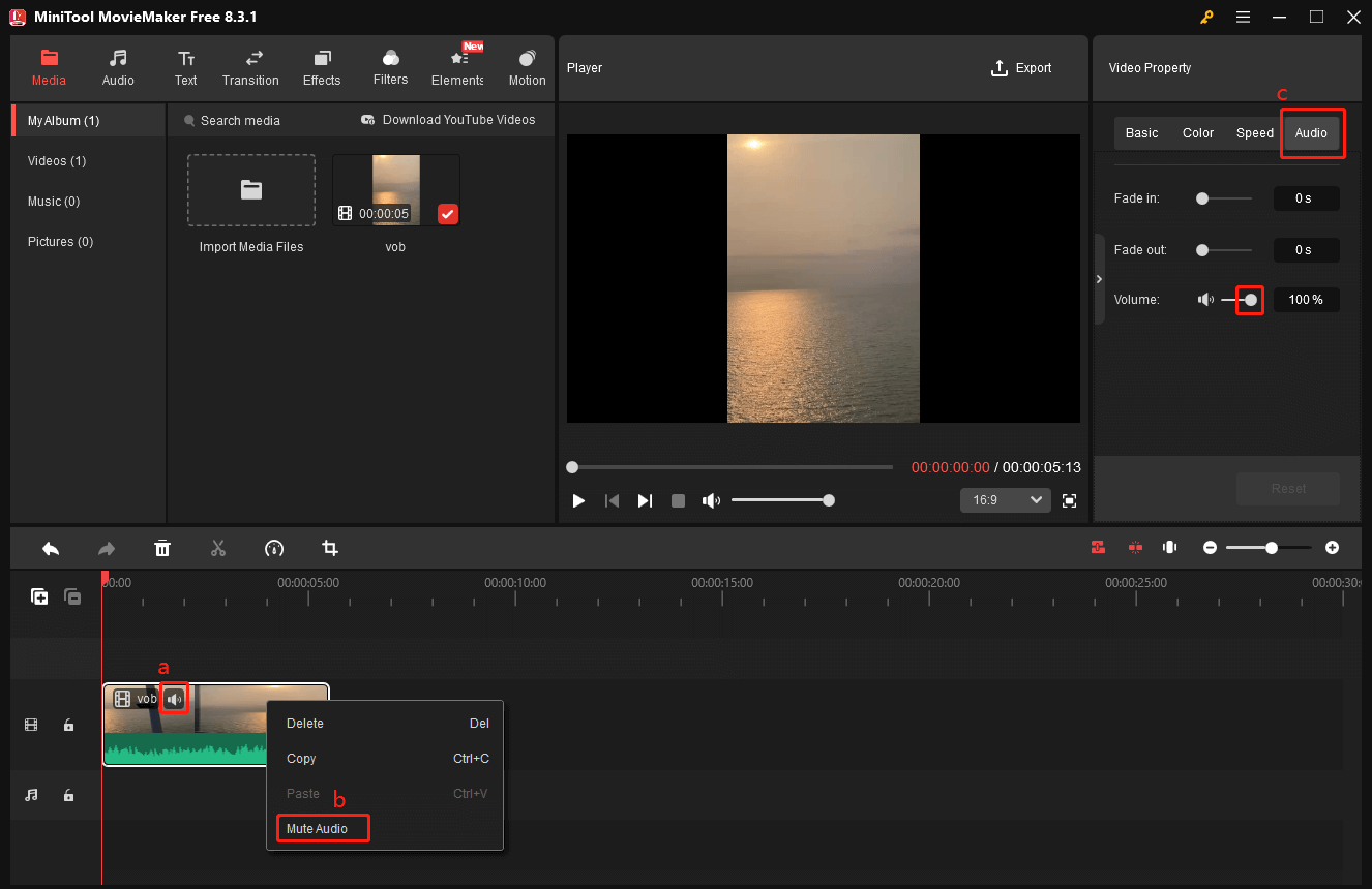 Remove the audio track from VOB in MiniTool MovieMaker