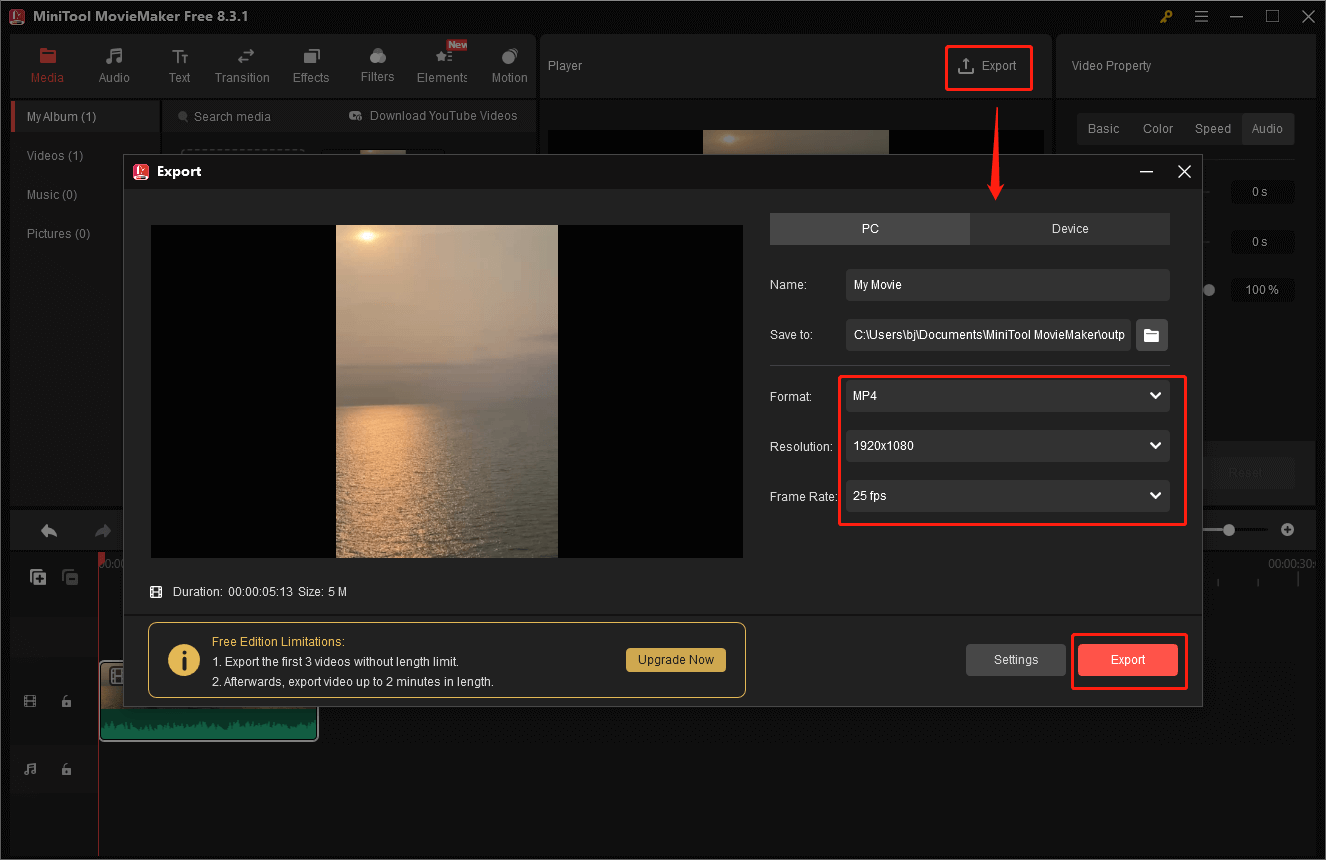 Enter the Export window, configure the output parameters, and click on the Export button in MiniTool MovieMaker to export the VOB video