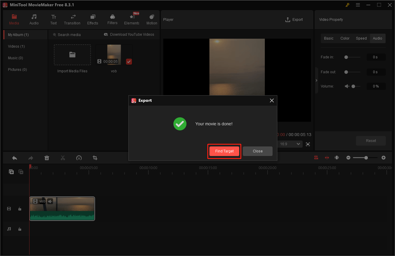 Click the Find Target button in MiniTool MovieMaker to locate the VOB video
