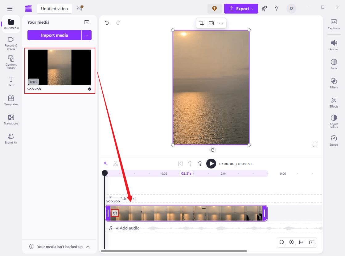 Drag the added video to the timeline and click the Speaker icon on the video to remove the audio in Clipchamp