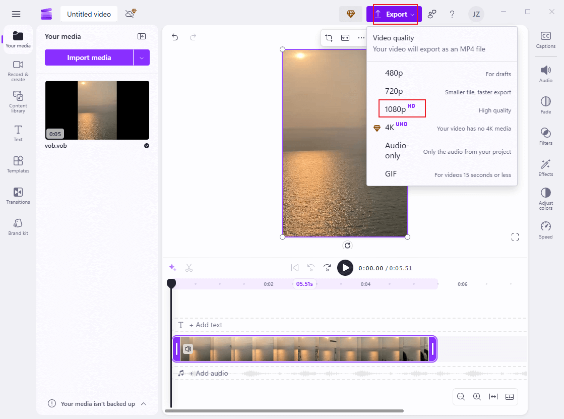 Click on the Export button at the top right and select the desired resolution in Clipchamp