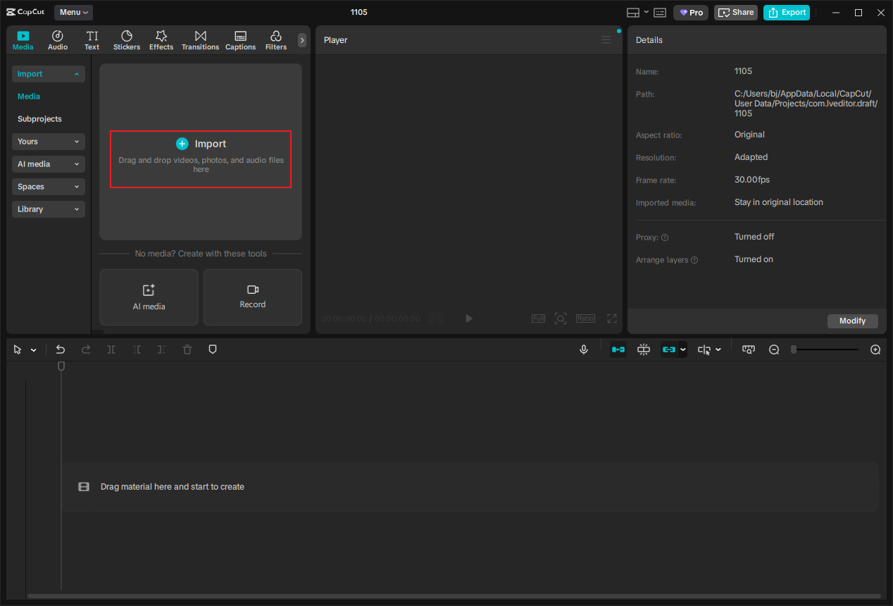 Click the Drag and drop videos, photos, and audio files here area to import the VOB video to CapCut