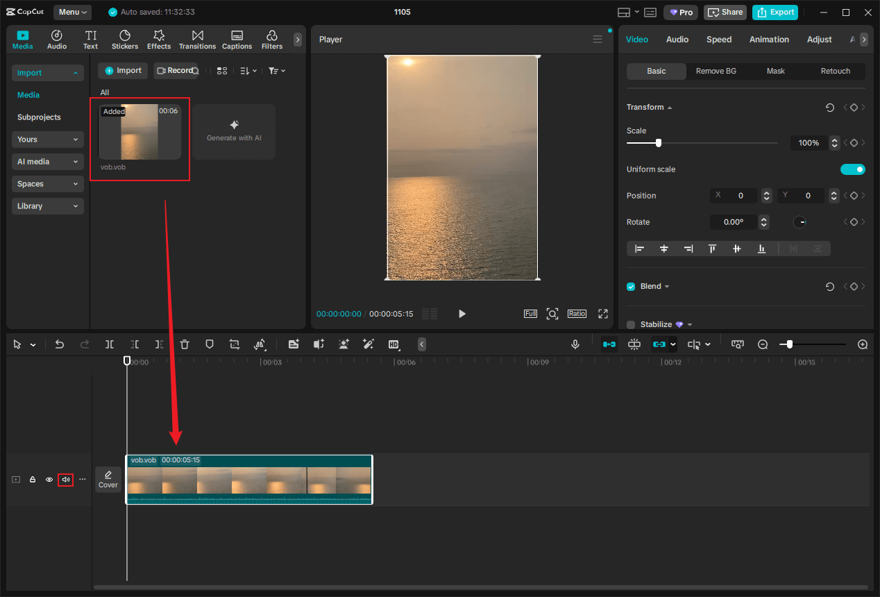 Drag and drop the added VOB video to the timeline and click the Speaker icon on the left side of the video track to remove the audio in CapCut