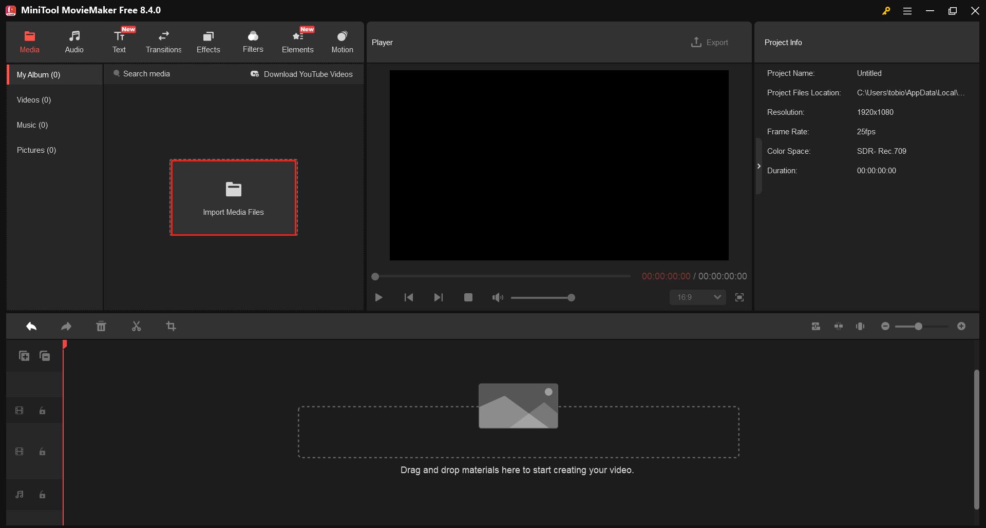 MiniTool MovieMakerで対象のWMV動画を追加できる「Import Media Files」ボタン